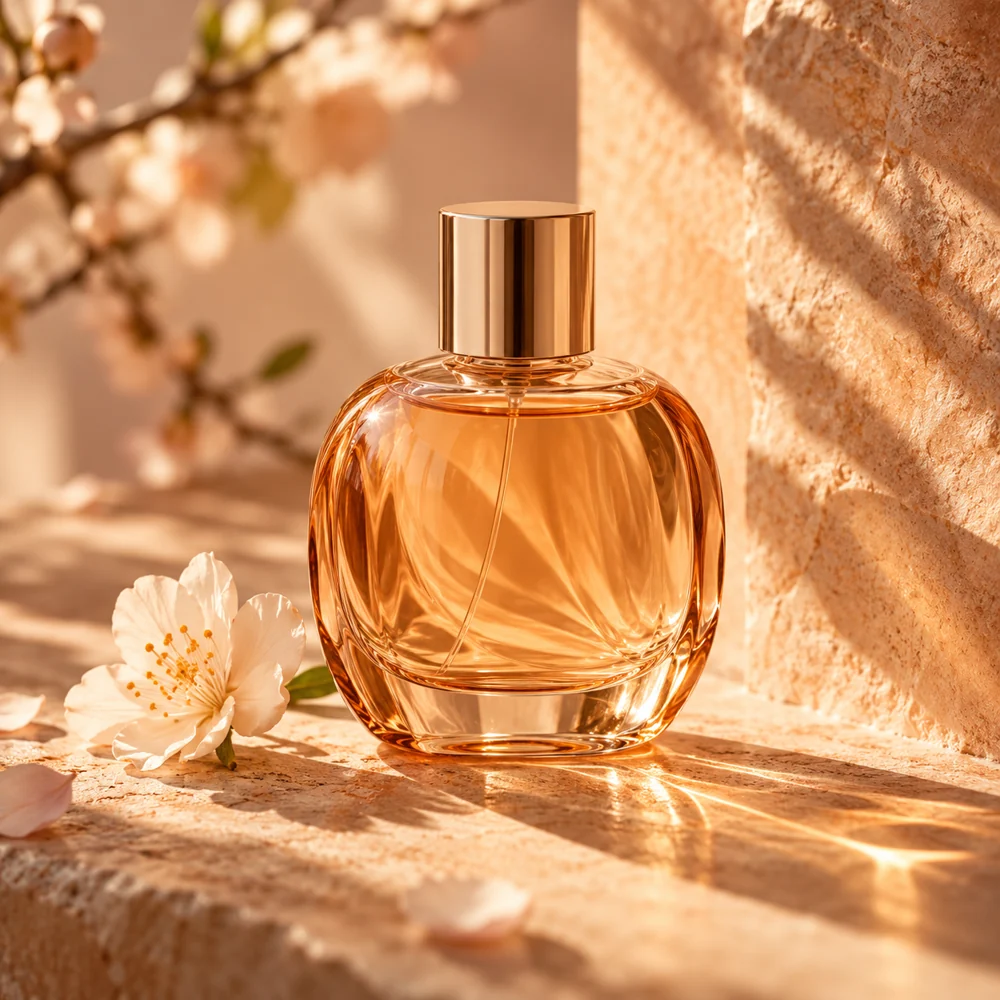 Editorial still life of an unbranded perfume bottle